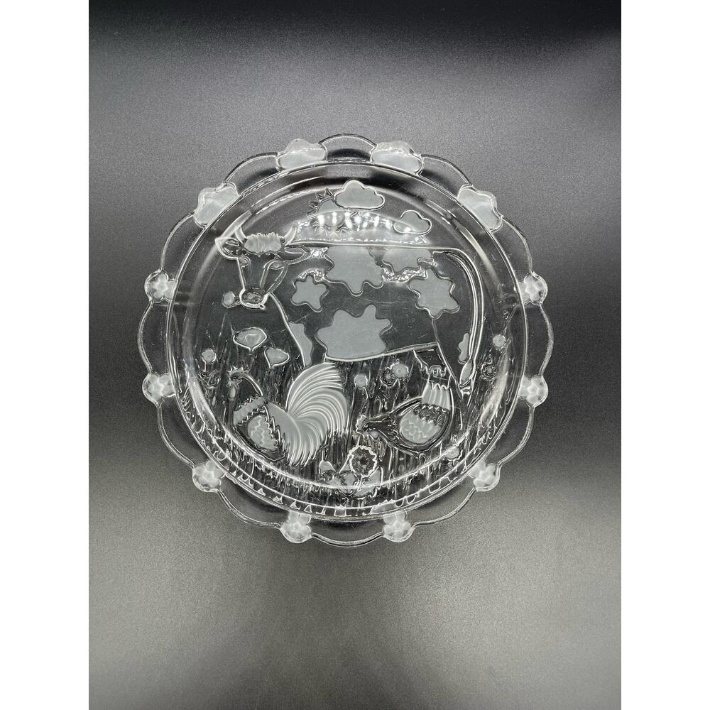 Farm Cow Chicken Rooster Etched Glass Plate  9" - Picture 3 of 4